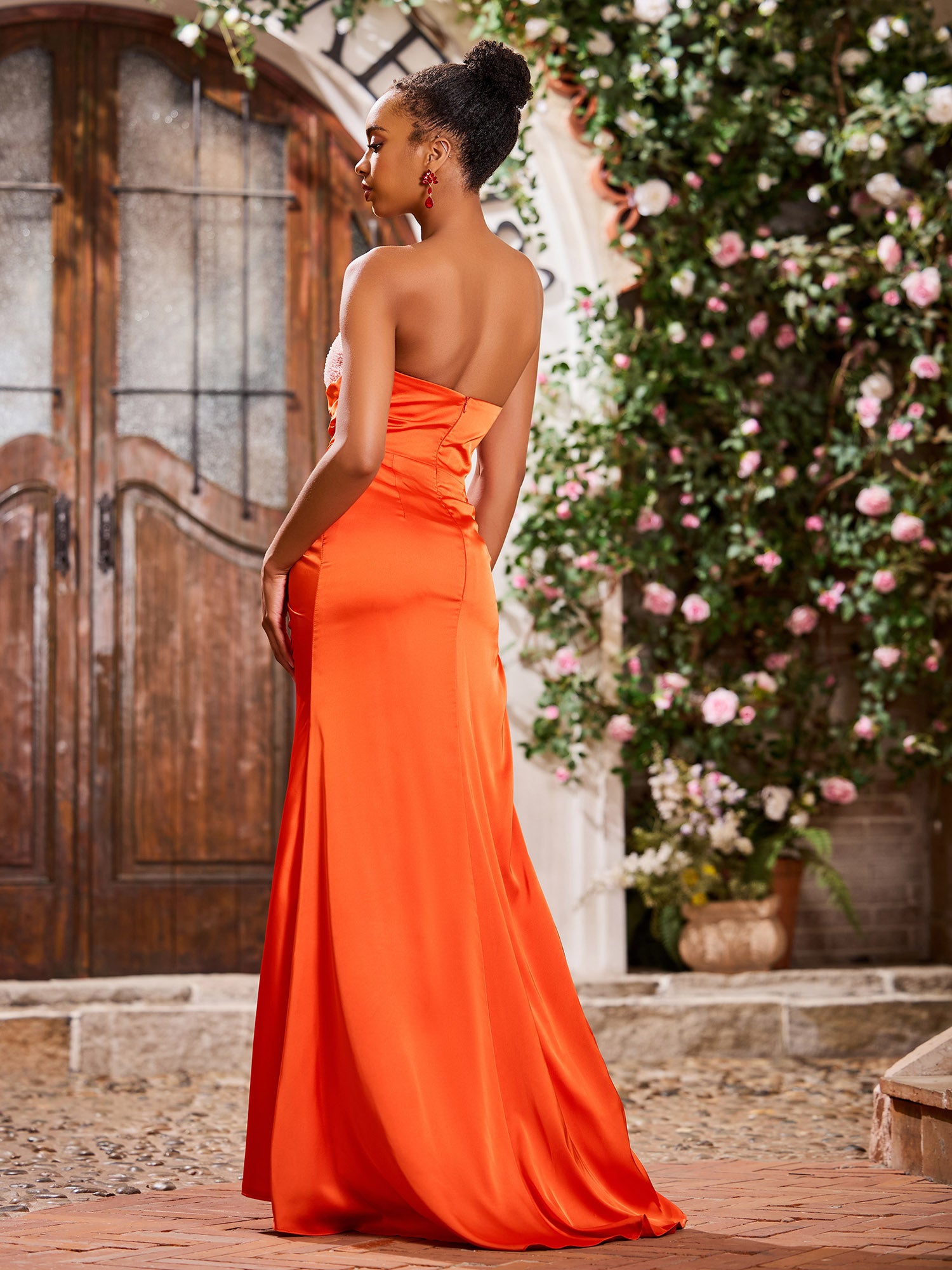 Herzform Acetat Satin Schlitz Kleider Mit Schleppe Gebrannte Orange